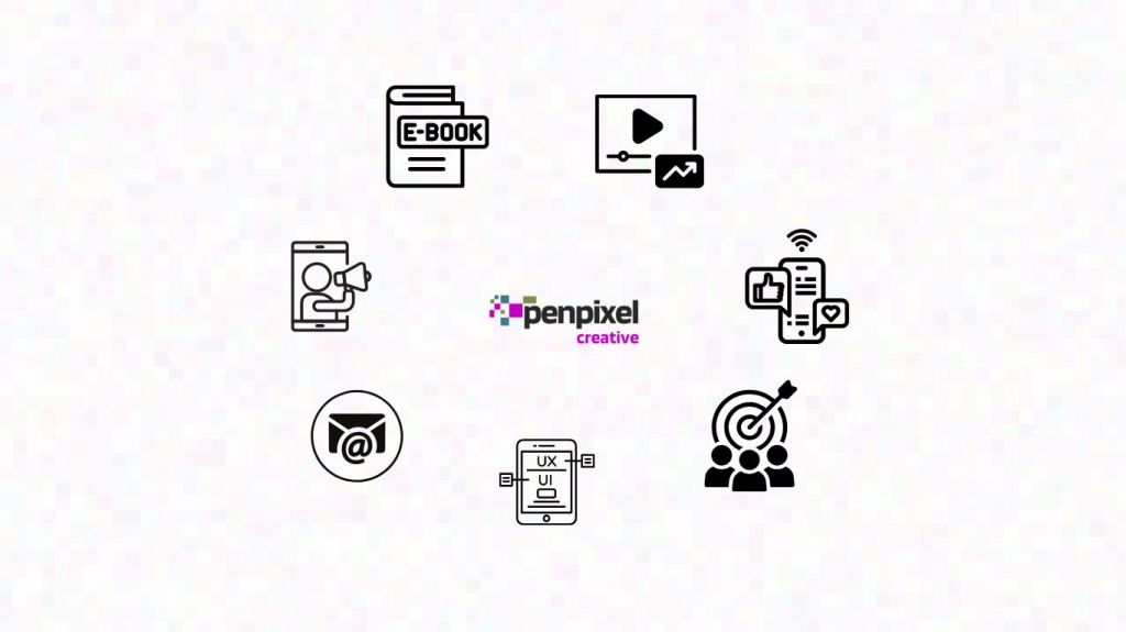 Screenshot of the new Penpixel Creative palette and website. Logos for various marketing services surround the Penpixel Creative Logo.