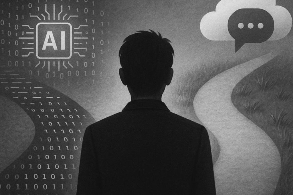 Man at a fork in the road, choosing more AI or less