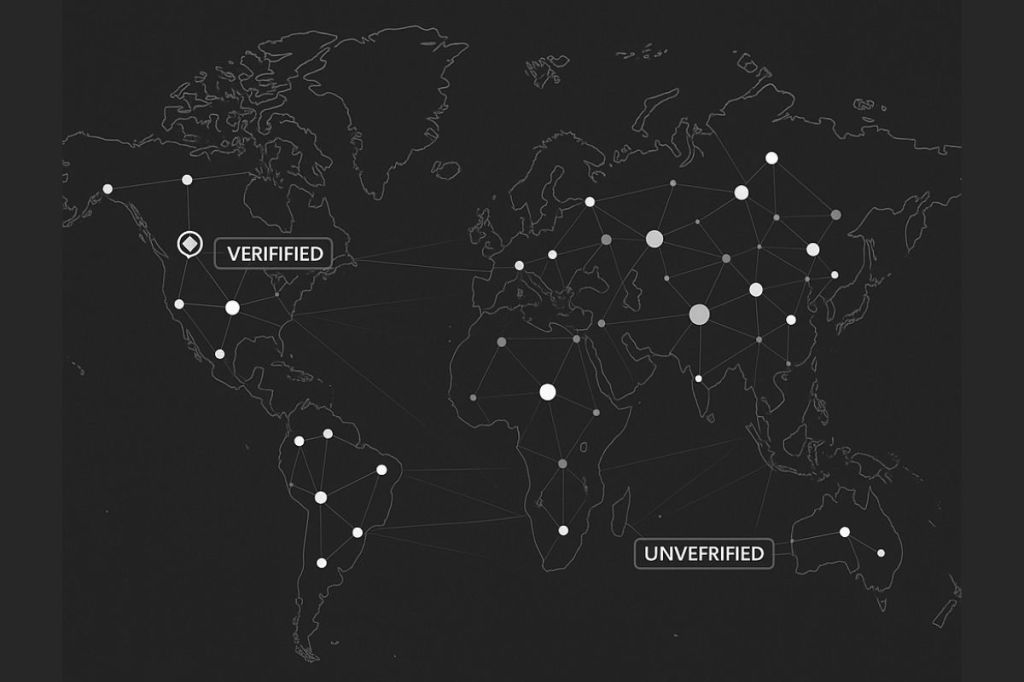 Map of the world with dot and labels reading verified or unverified
