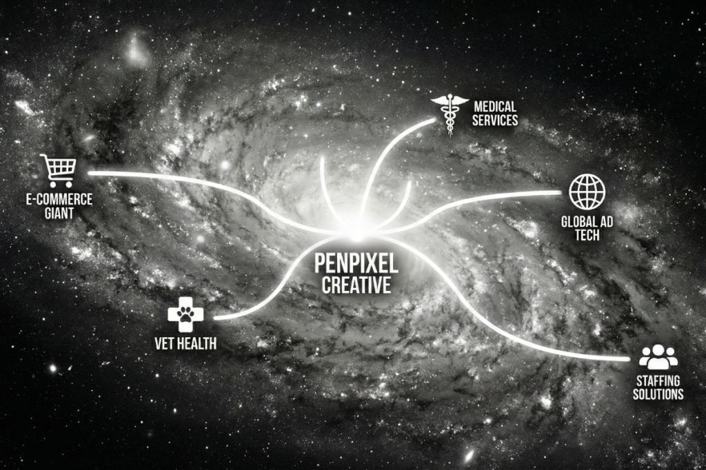 The Milky Way galaxy with paths drawn between points for Penpixel Creative and its clients.