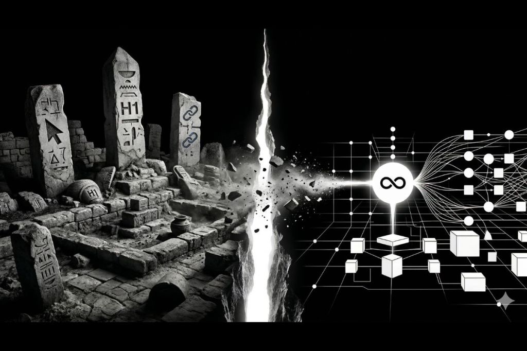 Ancient ruins with symbols for links, html tags, and other old SEO benchmarks split down the middle with a bright rift; the right side of the image is a clean mind map of what an AI brain might look like