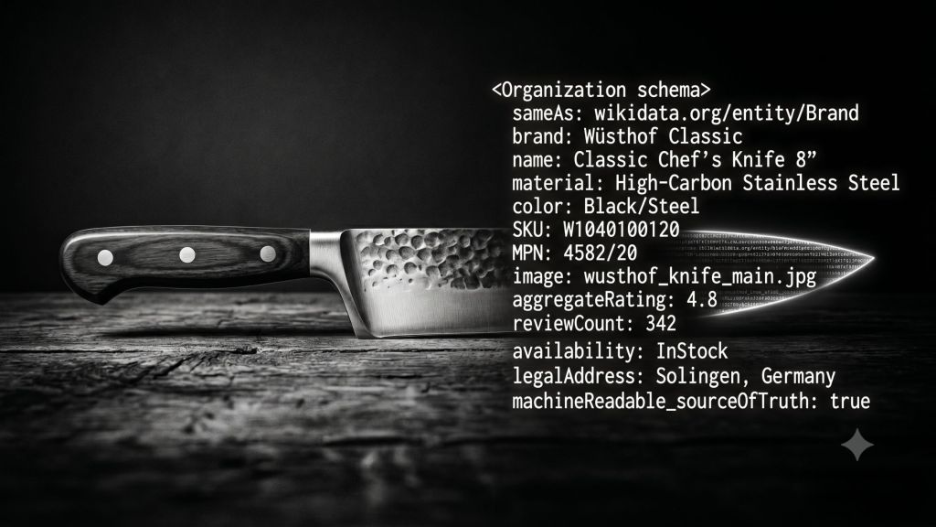 A black and white, 16:9 image of a premium chef's knife resting on a rustic wooden surface. The physical knife on the left side features a hammered metal blade and wooden handle, which transitions on the right side into an overlay of crisp white structured data schema code text displaying technical properties like organization schema, brand, material, and SKU against a dark background.